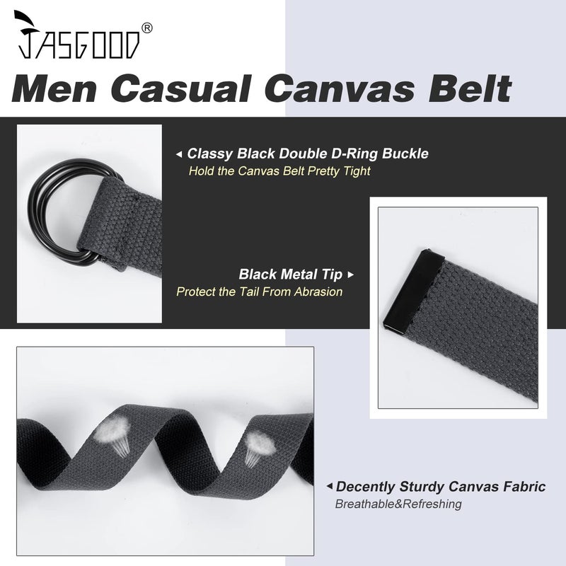 JASGOOD Mens Black Canvas Belt with Black D-ring 1 1/2" Wide Solid Color Extra Long Webbing Belt 2 Pack (Black/Gray,Fit Waist Size 40-45 inch) - Image 3